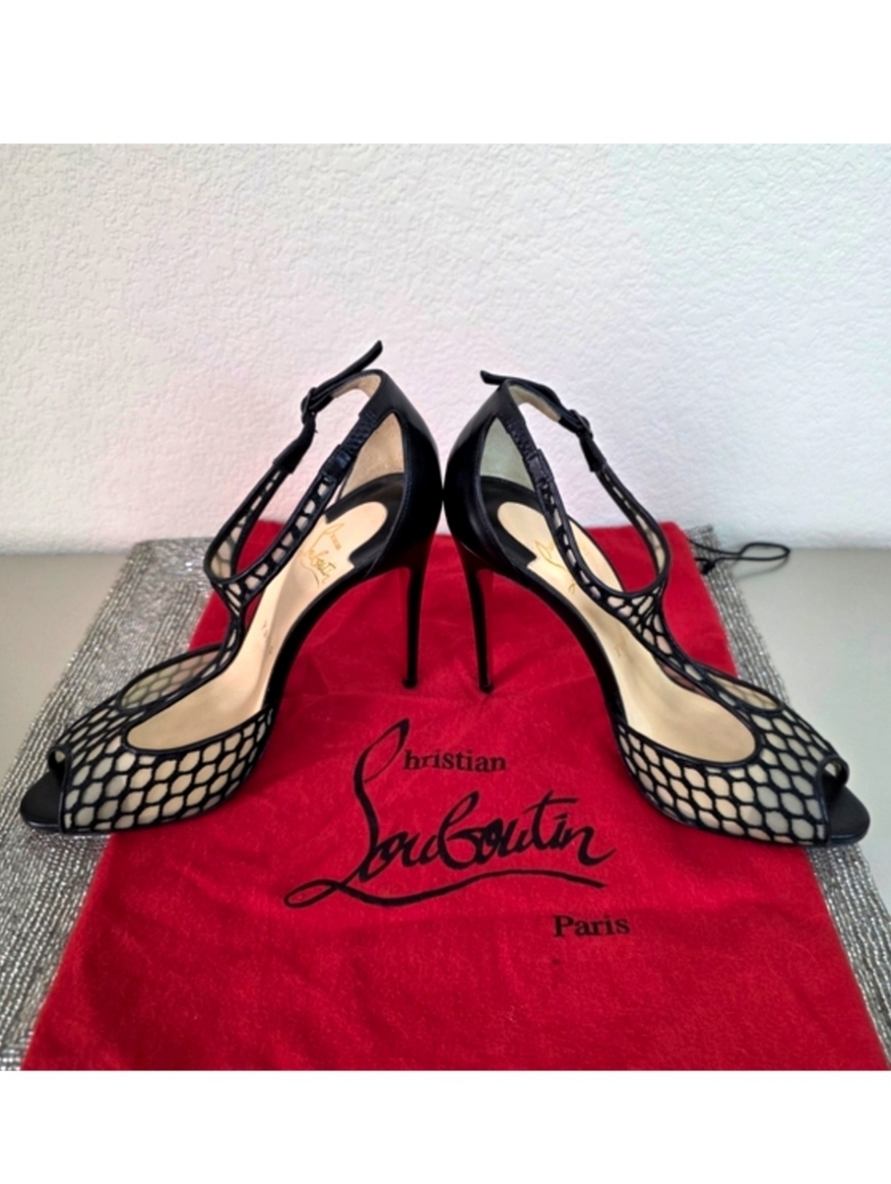 Christian Louboutin Black Leather Sheer Mesh Peep-Toe Heels EU 38 / US 8 - Picture 4 of 13